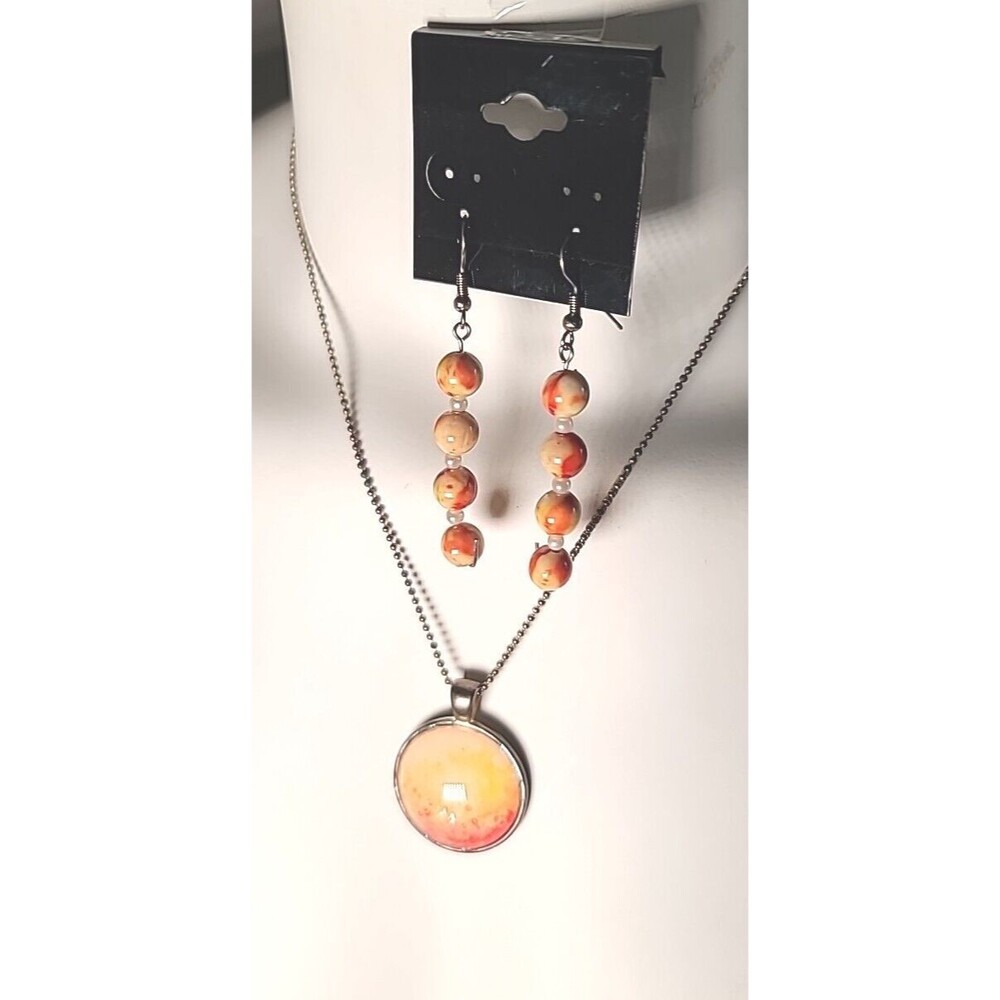 Vintage Orange & Yellow Silvertone Necklace And  Earrings Jewelry Set